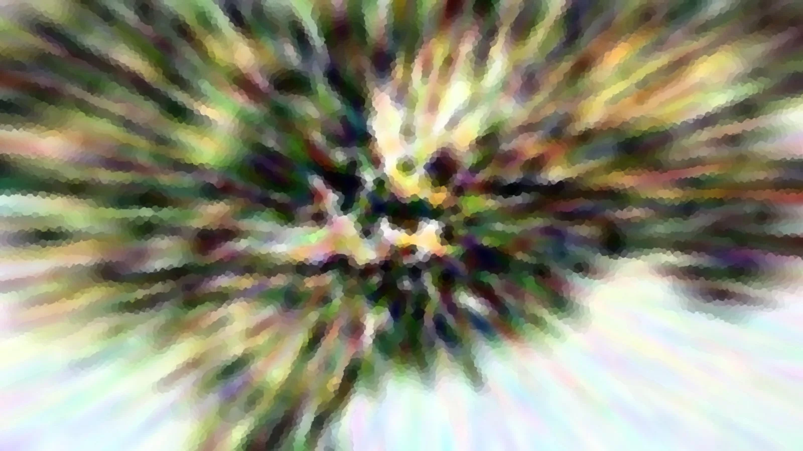 Abstraktes Bild mit radialer Unschärfe: bunte Streifen in Grün, Gelb, Violett und Weiß laufen von einem dunklen Zentrum nach außen.