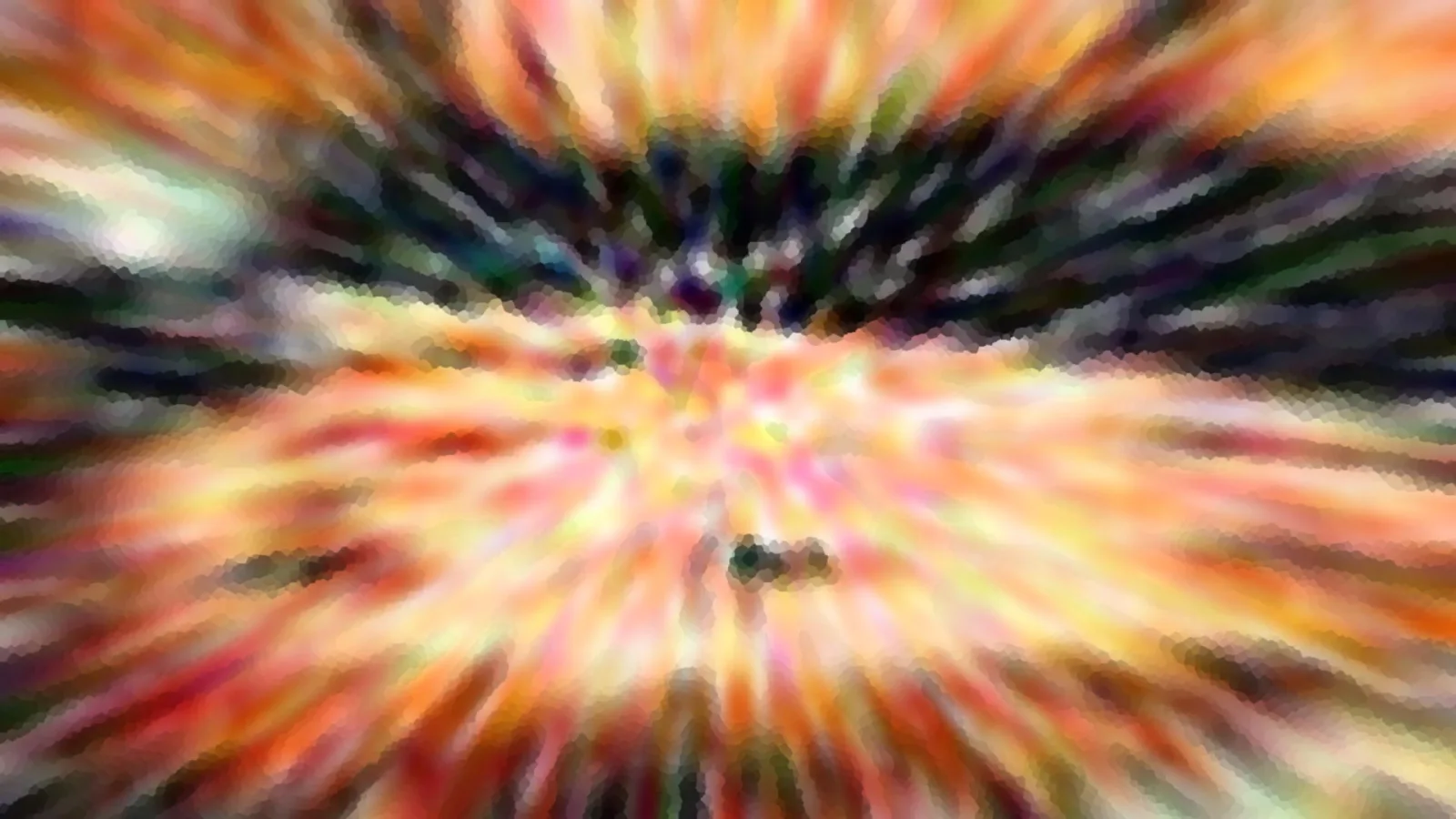 Abstraktes Bild mit radialer Zoom-Unschärfe in Orange, Gelb, Grün und Dunkelblau, das von einem hellen Zentrum nach außen strahlt.