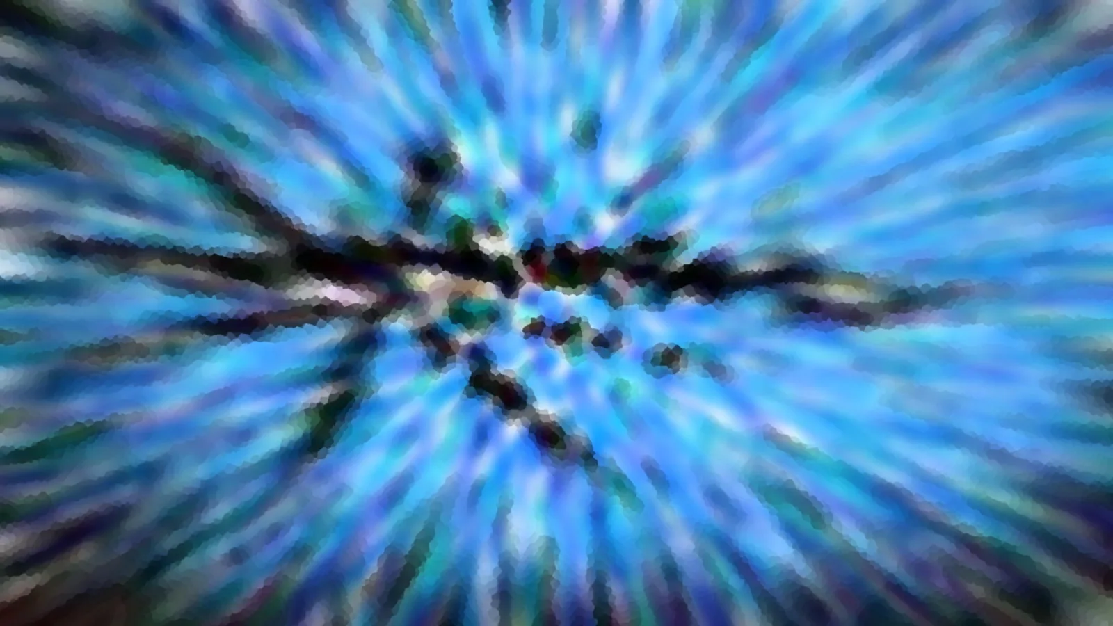 Abstraktes Bild mit blauen und türkisfarbenen Strahlen, die von der Mitte nach außen laufen, dazwischen dunkle, verzweigte Formen