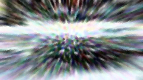 Abstraktes Bild mit radialer Unschärfe, Streifen laufen von einer hellen Mitte nach außen, in Pastellgrün, Lila und Weiß mit mosaikartiger Struktur.
