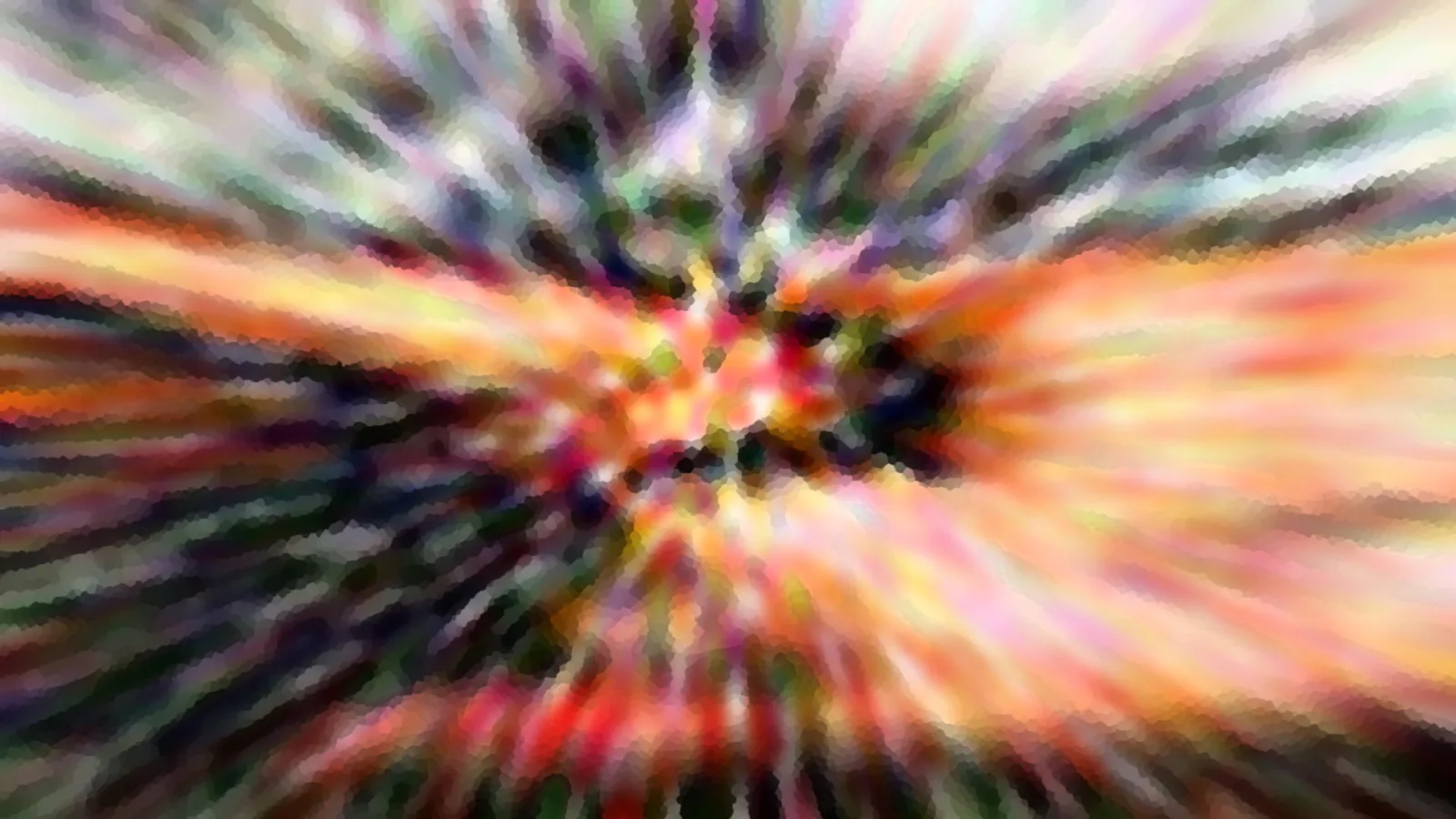Abstrakte Komposition aus radial angeordneten, verschwommenen Farbstreifen in Orange, Rot, Grün und Schwarz, die von einem dunklen Zentrum nach außen strahlen.
