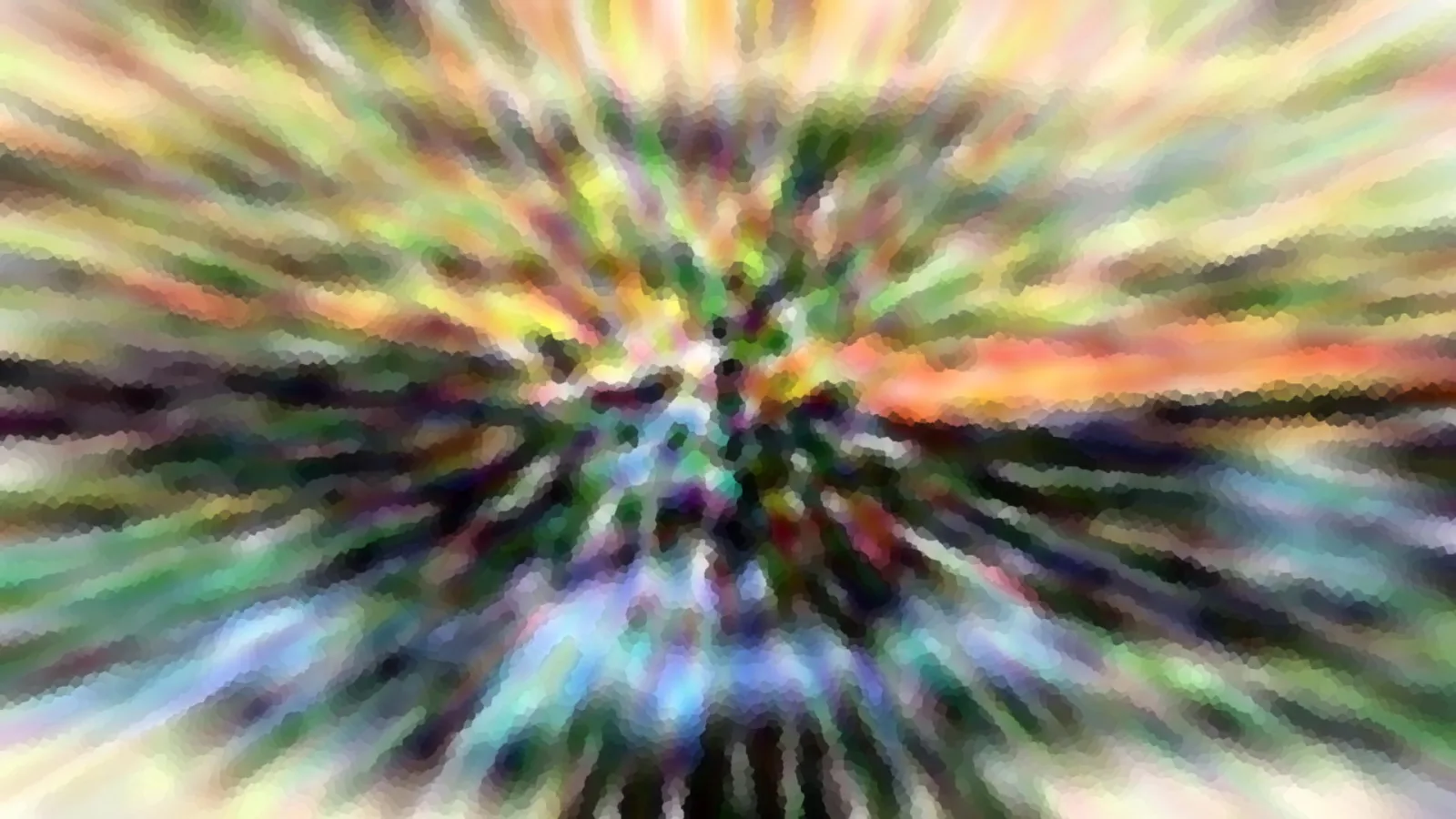 Abstrakte Komposition aus bunten Streifen, die von einem Zentrum radial nach außen laufen, mit grober, mosaikartiger Pixelstruktur, unten ein dunkler Streifen und rechts ein orangefarbener Schimmer.