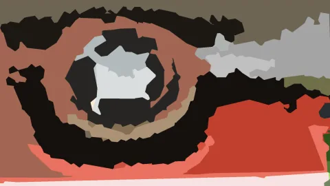 Abstraktes Gemälde mit einer schwarzen, spiralförmigen Form um ein helles graues Zentrum, umgeben von rotbraunen und roten Flächen, am unteren Rand heller Streifen.