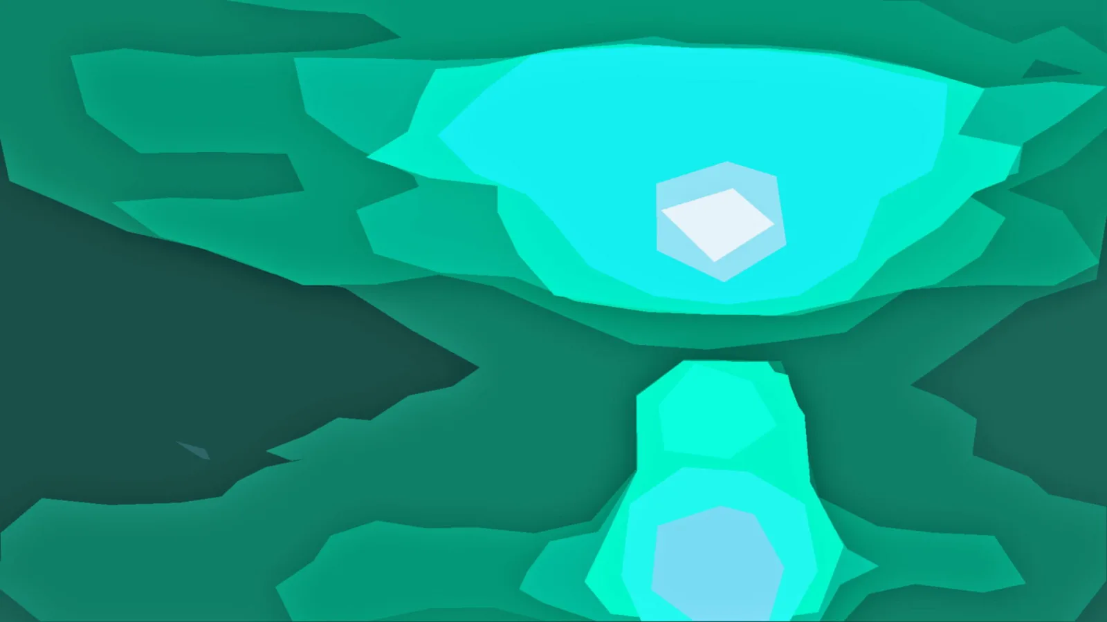 Abstrakte Komposition aus grünen und türkisfarbenen Facettenflächen mit einer leuchtenden türkisen Ellipse oben und einem hellen, kristallartigen Polygon in der Mitte.