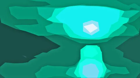 Abstrakte Komposition aus grünen und türkisfarbenen Facettenflächen mit einer leuchtenden türkisen Ellipse oben und einem hellen, kristallartigen Polygon in der Mitte.