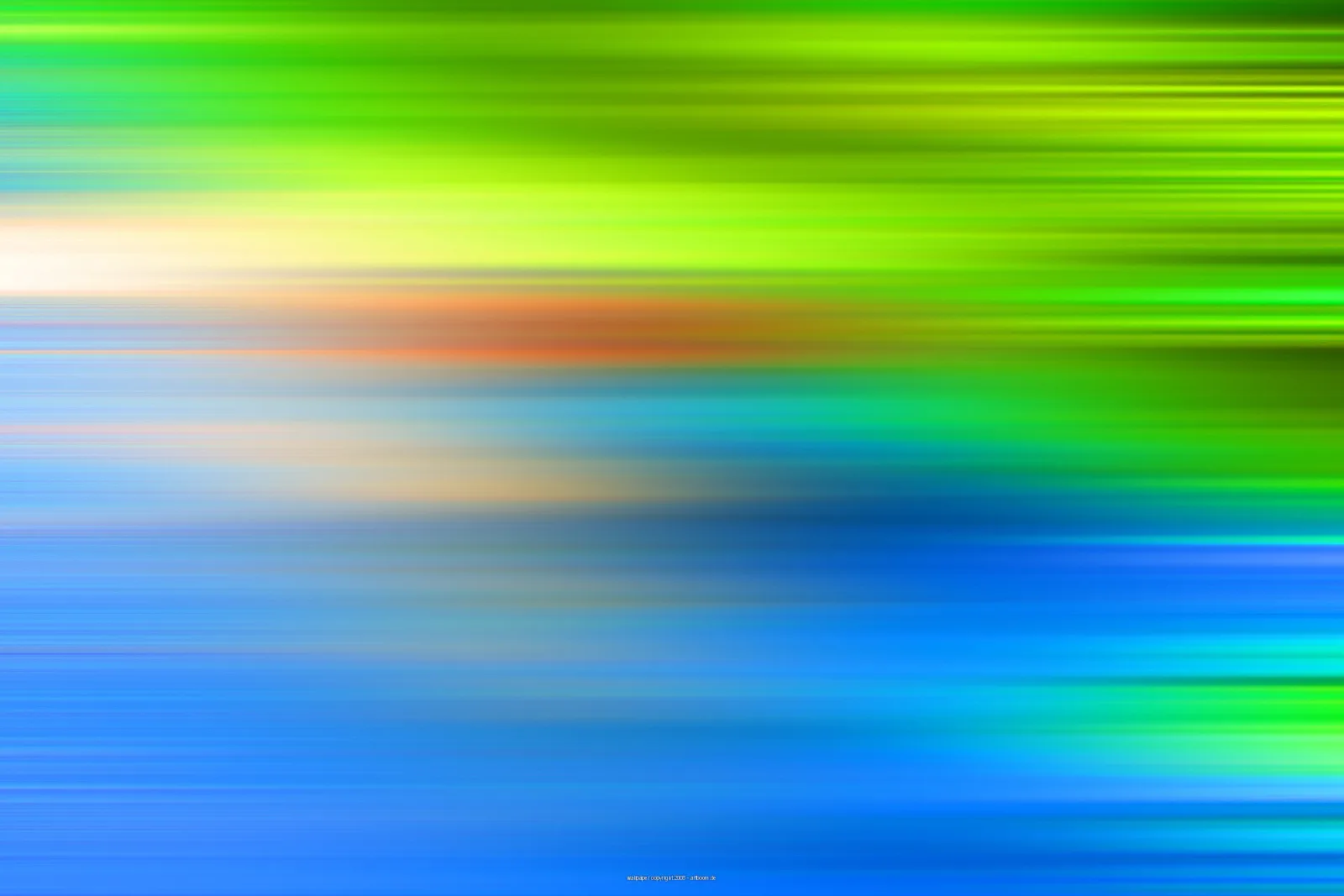 Abstrakte Komposition aus horizontalen Schlieren in Grün, Gelb, Orange und Blau, die von links oben nach rechts unten verlaufen.