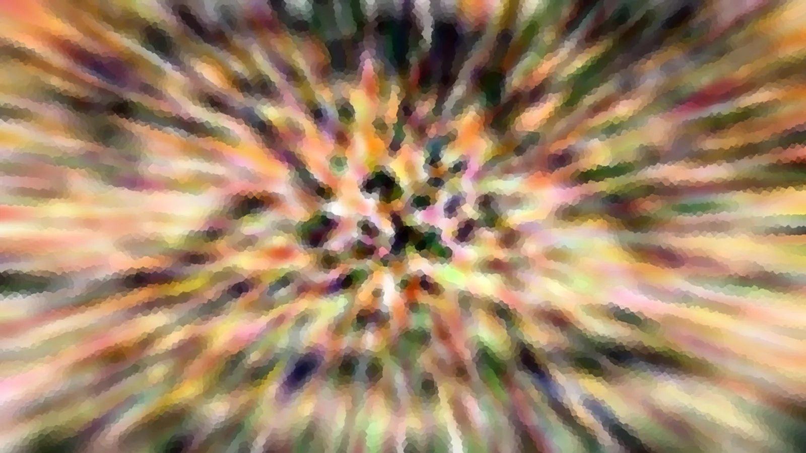 Abstrakte Komposition aus bunten Farbstreifen, die von einem dunklen Zentrum in der Bildmitte radial nach außen laufen, mit mosaikartiger Pixelstruktur.