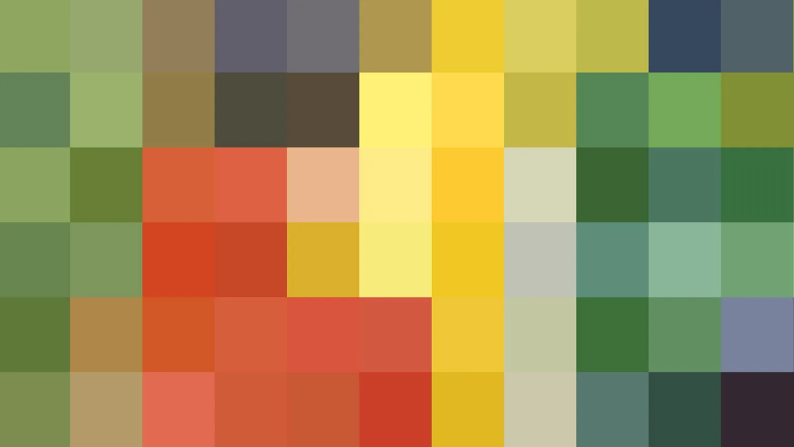 Abstraktes Mosaik aus rechteckigen Farbfeldern in Grün, Gelb, Orange und Rot, am rechten oberen Rand dunkles Blau und Grau.