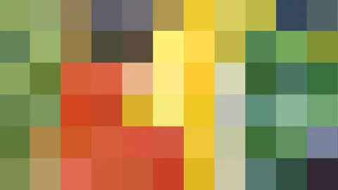 Abstraktes Mosaik aus rechteckigen Farbfeldern in Grün, Gelb, Orange und Rot, am rechten oberen Rand dunkles Blau und Grau.
