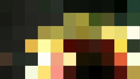 Mosaik aus quadratischen Farbfeldern in Schwarz, Dunkelgrün, Olivgelb, Gelb, Rot, Orange und Weiß, in einem Raster angeordnet.