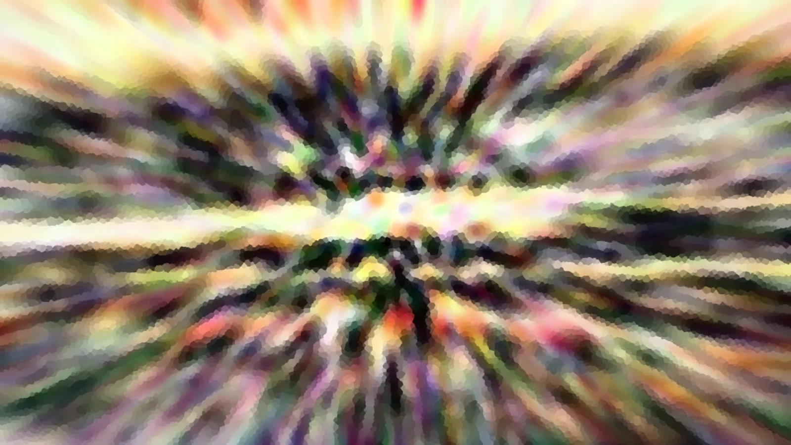Abstrakte Komposition aus bunten, radial vom Zentrum nach außen verlaufenden Schlieren in Gelb, Grün, Violett und Rosa, mit einem hellen horizontalen Streifen in der Bildmitte.