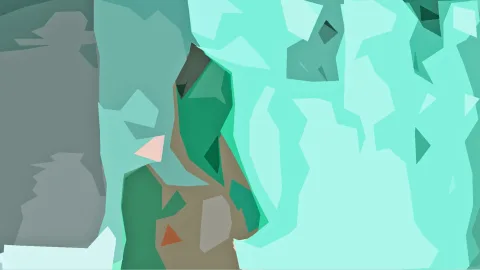 Abstrakte Komposition aus hellen und dunklen Dreiecksflächen in Mint, Grün und Grau, mit kleinen braunen und orangefarbenen Akzenten.