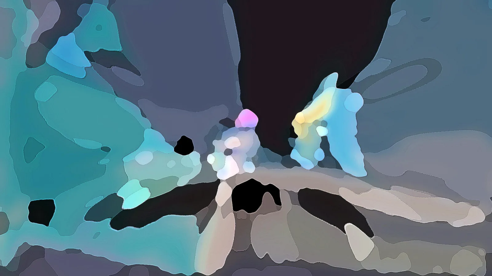 Abstrakte Malerei aus unregelmäßigen, weich gerundeten Farbflächen in Türkis, Blau, Grau und Schwarz, mit hellen rosa und gelben Akzenten in der Mitte.