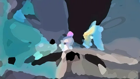 Abstrakte Malerei aus unregelmäßigen, weich gerundeten Farbflächen in Türkis, Blau, Grau und Schwarz, mit hellen rosa und gelben Akzenten in der Mitte.