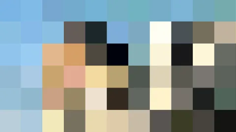 Mosaik aus quadratischen Farbfeldern in Blau, Beige, Braun und Schwarz.