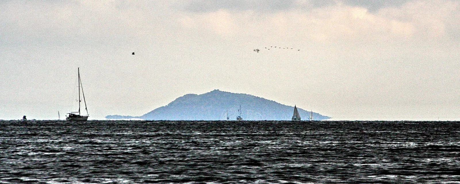 Dunkles, bewegtes Meer im Vordergrund, dahinter mehrere Segelboote und eine bewaldete Insel unter grauem, bewölktem Himmel.