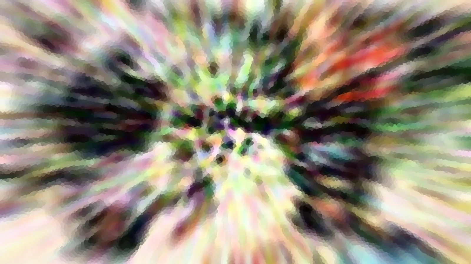 Abstrakte Komposition mit radialen Farbstrahlen und Zoom-Unschärfe, die von einem dunklen Zentrum nach außen in Grün, Rot, Gelb und Violett auseinanderlaufen, mosaikartig gepixelt.