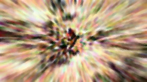 Abstrakte Komposition aus farbigen Streifen, die von einem dunklen Zentrum radial nach außen laufen, mit pixeligen Übergängen.
