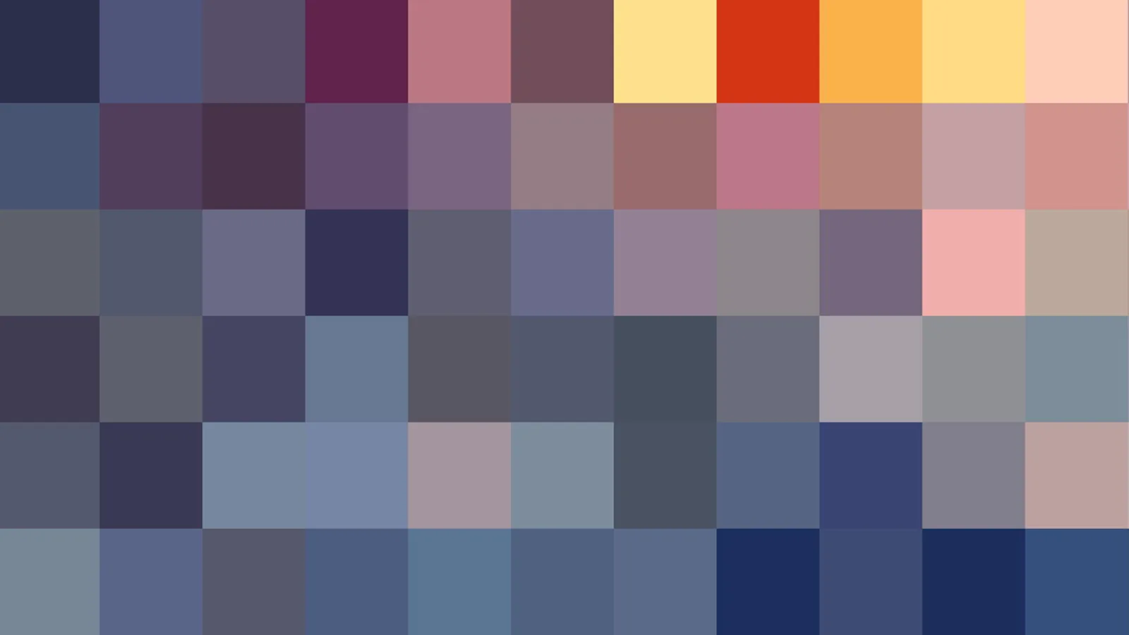 Mosaik aus quadratischen Farbfeldern in Blau-, Violett-, Grau- und Rosatönen, oben rechts ein orangegelber Block