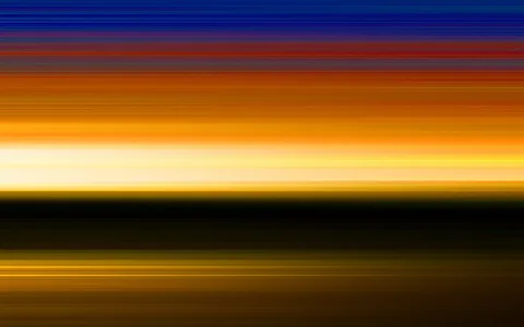 Horizontale, verwischte Streifen in Blau, Rot, Orange, Gelb und Schwarz, die an einen Sonnenuntergang über einer Landschaft erinnern.