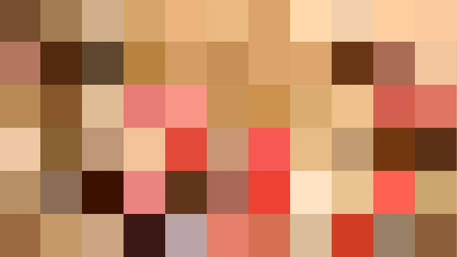 Mosaik aus quadratischen Farbfeldern in Braun, Sandbeige, Orange und Rot, angeordnet in sechs Zeilen und zehn Spalten