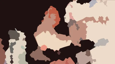 Abstrakte Komposition aus flachen, unregelmäßigen Formen in Beige, Terrakotta und Rosa auf dunklem Hintergrund.