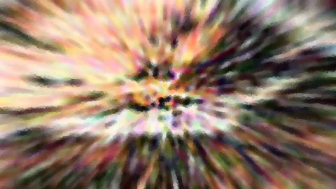 Abstraktes Bild mit radialen, bunten Streifen in Rosa, Gelb und Grün, die von einem dunklen Zentrum nach außen laufen.