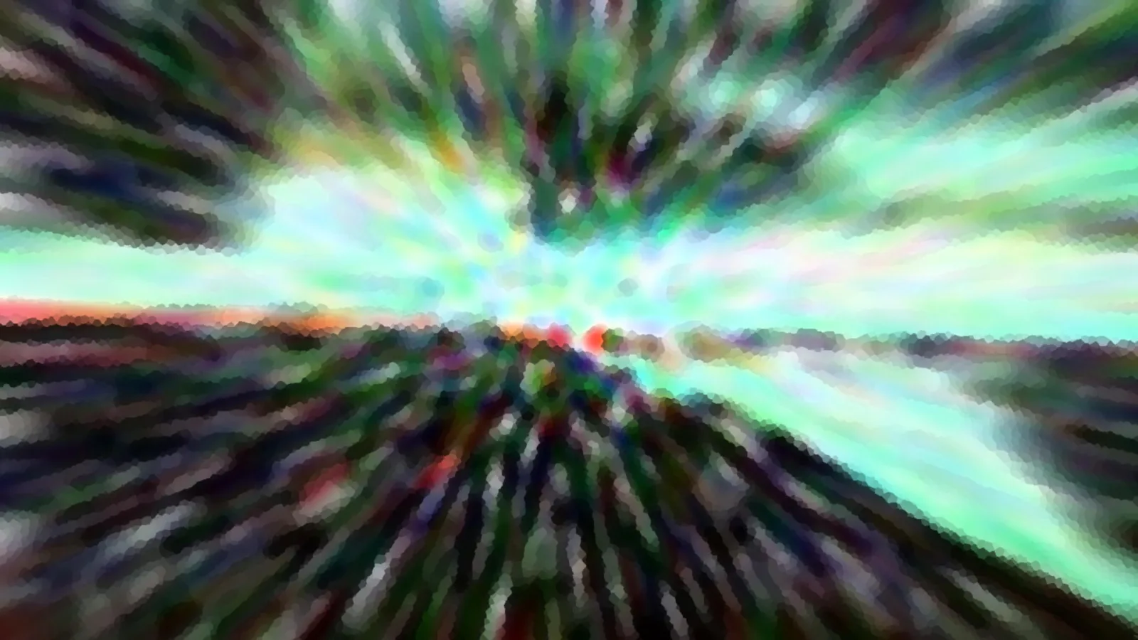 Abstrakte, radial verwischte Farbstrahlen in Grün, Türkis und Dunkelblau, mit einem roten Horizontstreifen in der Bildmitte.