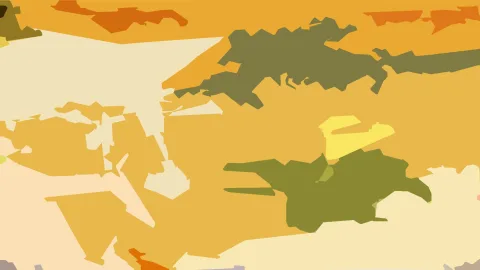 Abstrakte Komposition aus flachen, unregelmäßigen Formen in Ocker, Olivgrün, Gelb, Cremeweiß und Orange.
