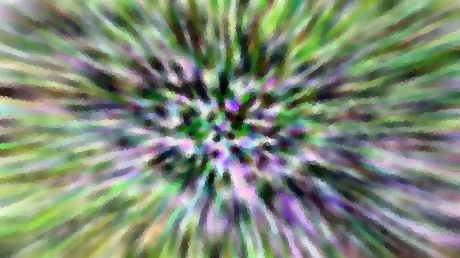 Abstraktes Bild mit radial von der Mitte nach außen laufenden Streifen in Grün, Lila und Weiß, leicht mosaikartig pixeliert.