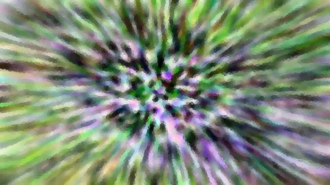 Abstraktes Bild mit radial von der Mitte nach außen laufenden Streifen in Grün, Lila und Weiß, leicht mosaikartig pixeliert.