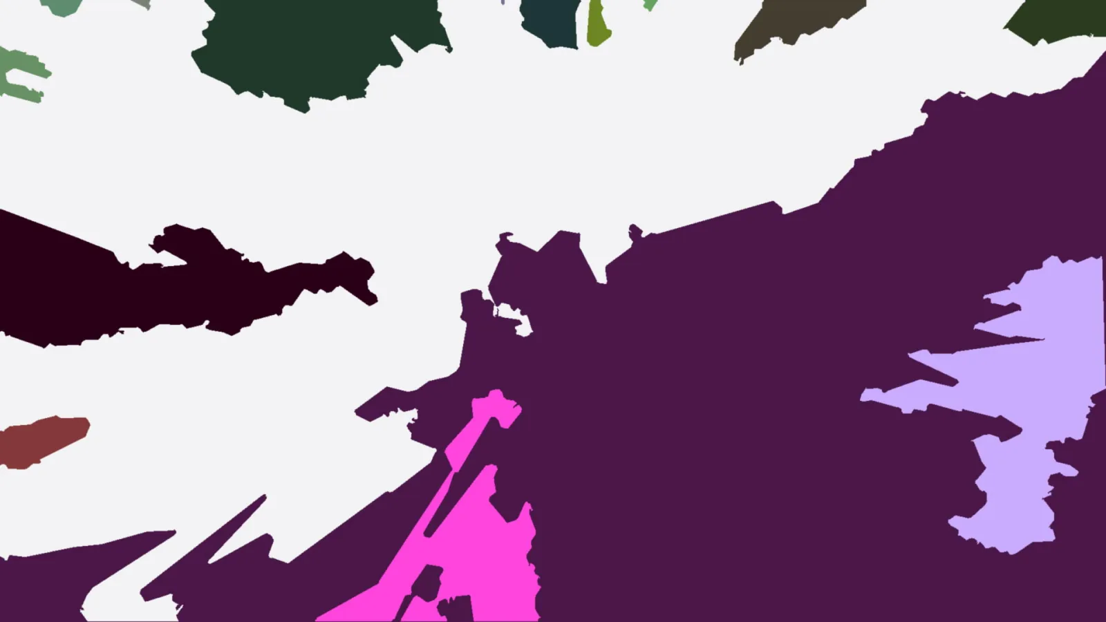 Abstrakte Komposition aus unregelmäßigen Flächen in Violett, Dunkelviolett, Pink, Lila, Hellgrau und Dunkelgrün auf hellgrauem Grund.
