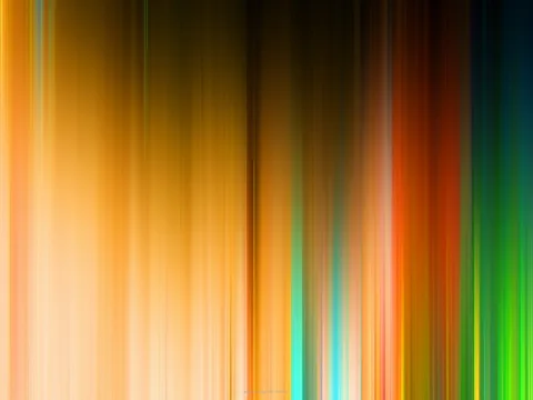 Abstrakte Komposition aus vertikalen, verwischten Streifen in Orange, Gelb, Gold, Türkis, Grün und Dunkelblau auf schwarzem Grund.