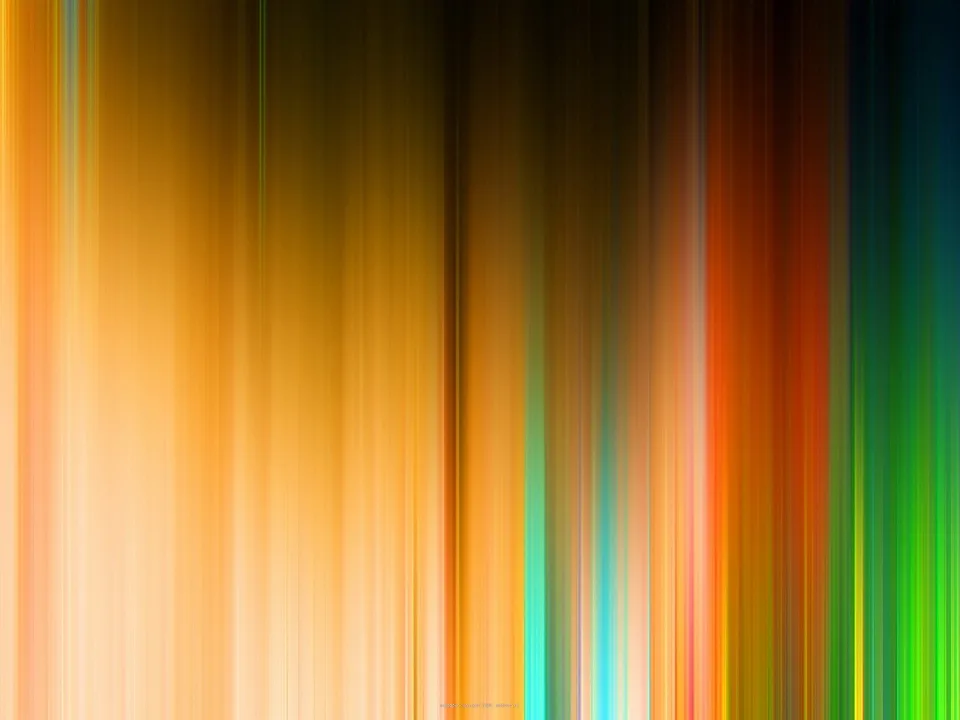 Abstrakte Komposition aus vertikalen, verwischten Streifen in Orange, Gelb, Gold, Türkis, Grün und Dunkelblau auf schwarzem Grund.