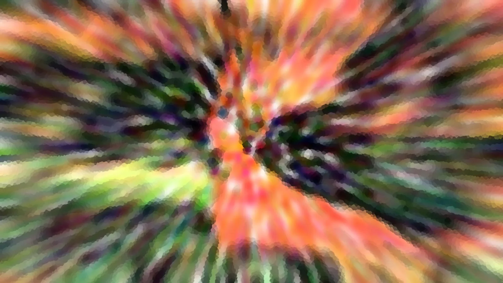 Abstrakte Komposition aus radial verlaufenden Streifen in Orange, Grün, Gelb und Schwarz, mit pixeligen Übergängen.