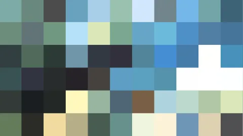Abstraktes Mosaik aus quadratischen Farbfeldern in Blau, Grün, Weiß und Dunkelgrau, in einem gleichmäßigen Raster angeordnet.