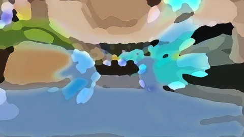 Abstrakte digitale Malerei mit blauen, türkisfarbenen, braunen und grünen Farbflecken, unten eine große blaugraue Fläche