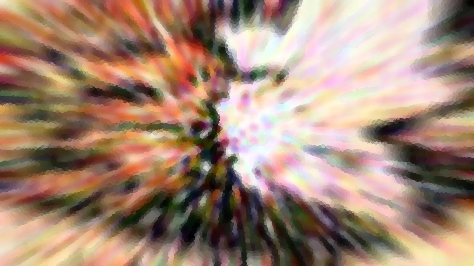 Abstrakte radiale Unschärfe mit bunten Streifen in Orange, Grün, Rosa und Weiß, die von einem hellen Zentrum nach außen laufen.
