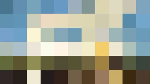 Farbiges Pixelraster aus Blau, Creme und Olivgrün, unten dunkles Braun.