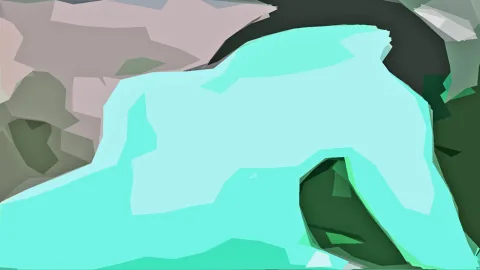 Abstrakte Komposition aus großen, facettierten Flächen in Mintgrün, Hellgrün, Grau und Mauve, mit dunklen Grüntönen am unteren rechten Rand.