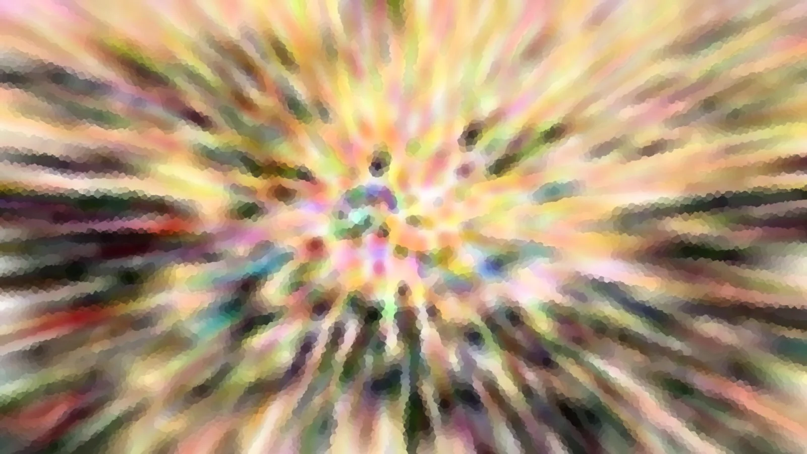 Abstraktes Bild mit farbigen Streifen, die von einem Zentrum in der Mitte radial nach außen strahlen, in Gelb, Rosa, Grün und Dunkelbraun, mit körniger Pixelstruktur.