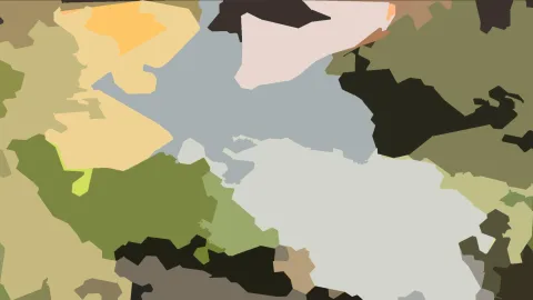 Abstrakte Komposition aus flächigen, unregelmäßigen Formen in Oliv, Beige, Hellgrau, Rosa und Schwarz.