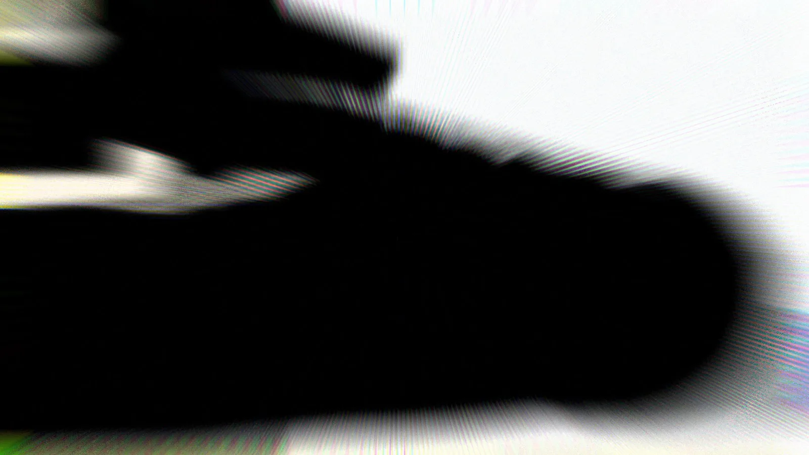 Unscharfe schwarze Form auf weißem Grund, in Bewegungsrichtung verwischt, mit hellen Schlieren an den Rändern.