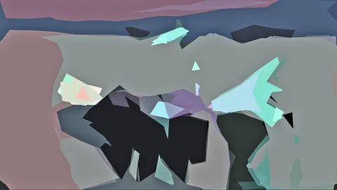 Abstrakte Komposition aus flachen, kantigen Formen in Pastelltönen: Mauve oben, graugrüne Fläche in der Mitte, schwarze Splitter und mintfarbene Dreiecke.