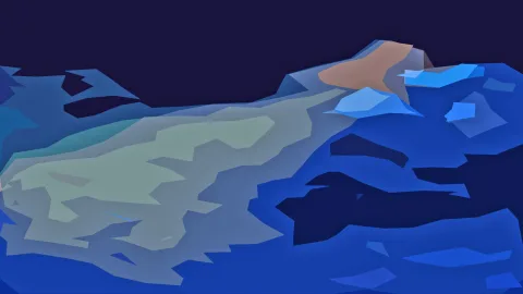 Abstrakte Landschaft aus flächigen, kantigen Formen in Blau, Grau und Blassgrün, oben dunkler Nachthimmel, rechts ein brauner Gipfel.