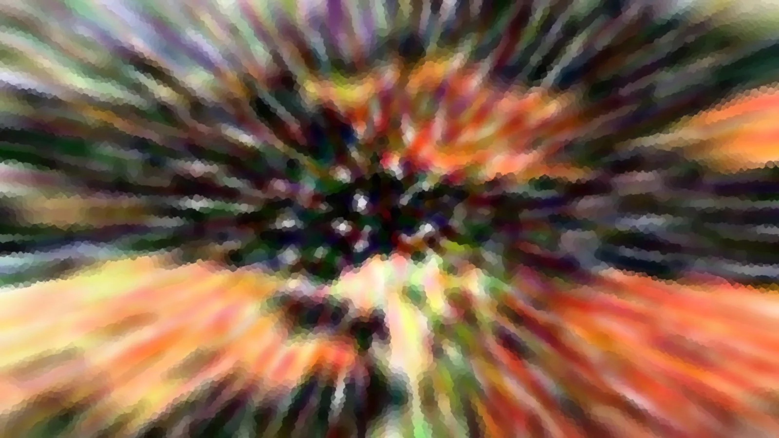 Abstrakte Komposition aus radial von der Mitte nach außen laufenden Streifen in Orange, Grün, Violett und Weiß, mit dunklem Zentrum und mosaikartiger Struktur.