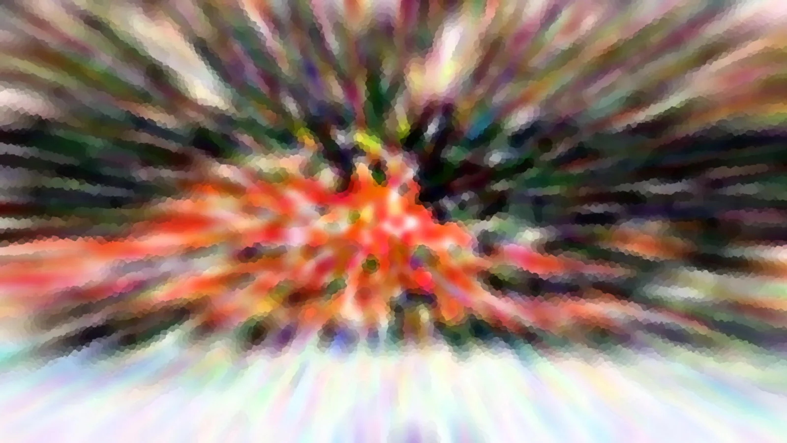 Abstrakte Komposition aus bunten Farbstreifen, die von einem roten und orangefarbenen Zentrum radial nach außen laufen, unten hell ausklingend.