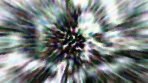 Abstraktes Bild mit radial von der Mitte nach außen laufenden Farbstreifen in Grün, Weiß, Violett und Dunkelblau, die zur Mitte hin dichter und dunkler werden.