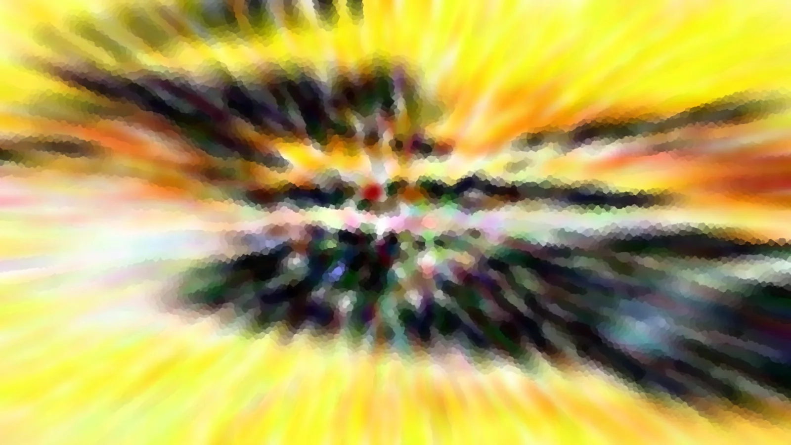Abstrakte Komposition aus gelben, orangefarbenen und dunkelgrünen Streifen, die radial von einem kleinen roten Punkt in der Bildmitte ausstrahlen.