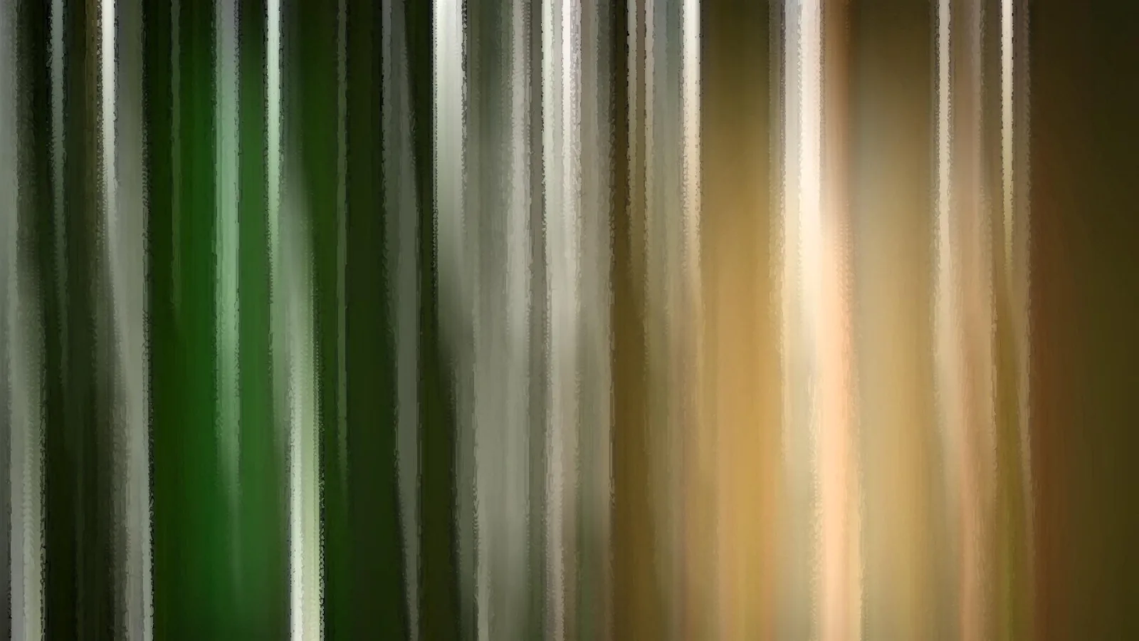Abstrakte Komposition aus vertikalen, unscharfen Streifen in Grün, Grau und Goldbraun, dazwischen helle Lichtbahnen.